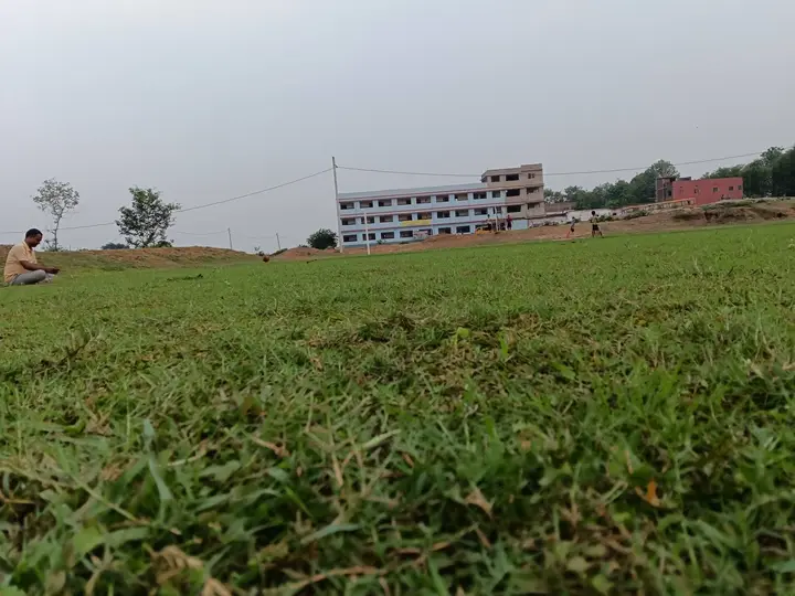 Green grass of the school ground with the campus behind